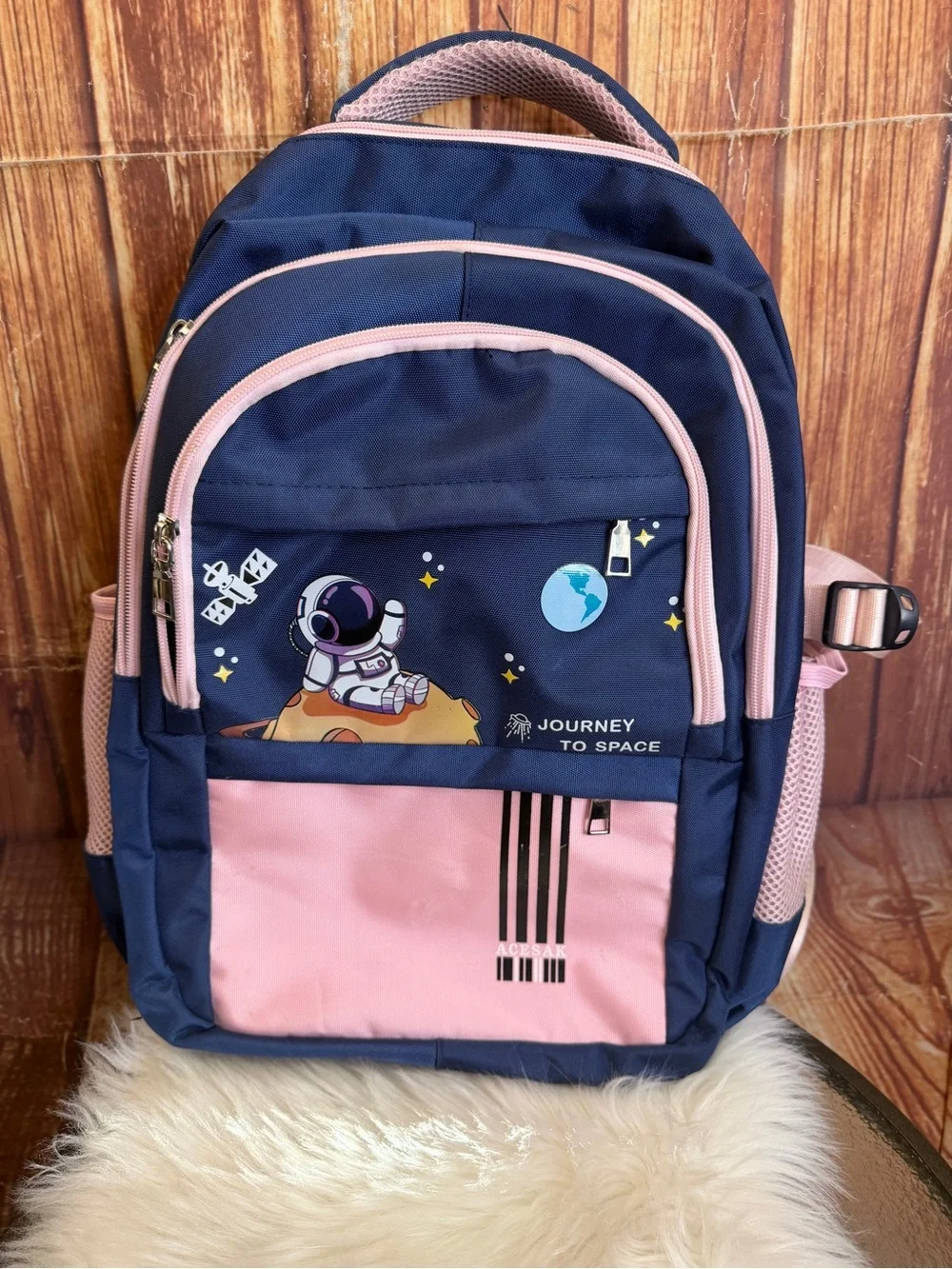 Kids Space Astronaut Backpack Navy Blue Pink USB Port School Travel Bag